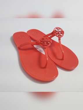 Tory Burch-Inspired Coral Jelly Logo Toe-Post Sandals. Excellent Condition. 10 M